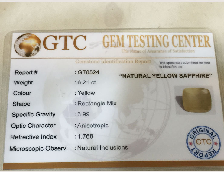 6.21 ct/6.90 ratti Natural Certified Ceylon Pukhraj/Yellow Sapphire